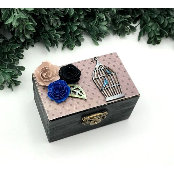 Decorative Wooden Trinket Box With Paper Roses & Birdcage Accents - Picture 1 of 6